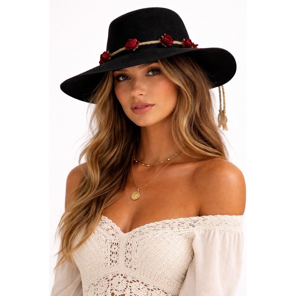 Lovely Bird Black 100% Wool Wide‎ Brim Fedora Hat Red Rose Rope Band